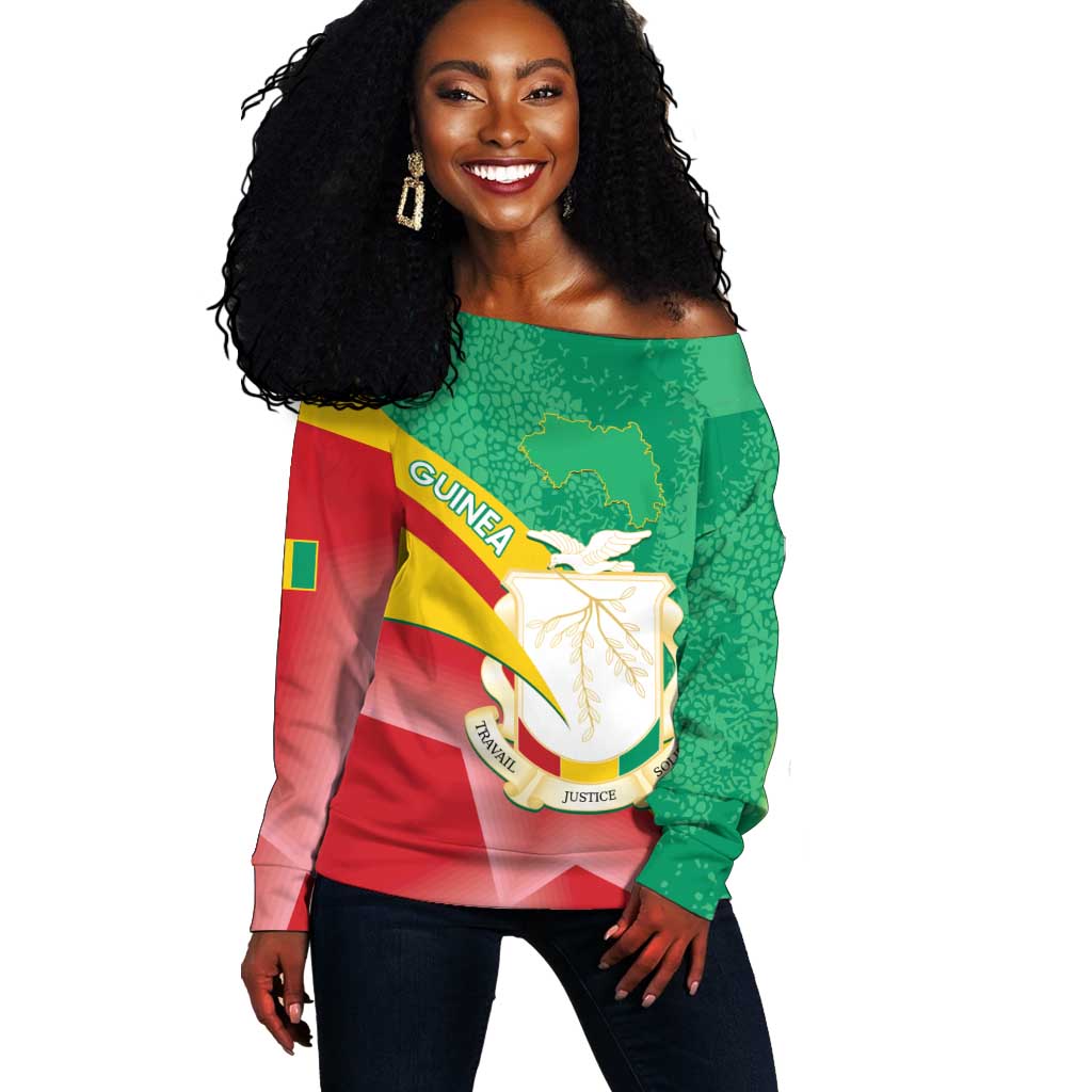 Personalised Guinea Independence Day Off Shoulder Sweater Happy 2 October Guinee Coat Of Arms