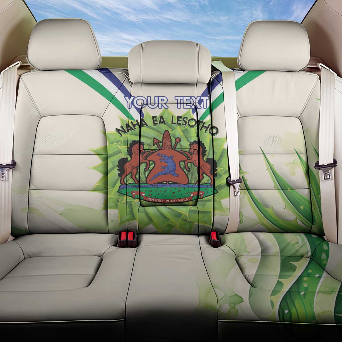 Personalised Lesotho Independence Day Back Car Seat Cover Aloe Polyphylla Mix Coat Of Arms