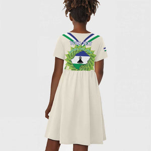 Personalised Lesotho Independence Day Kid Short Sleeve Dress Aloe Polyphylla Mix Coat Of Arms