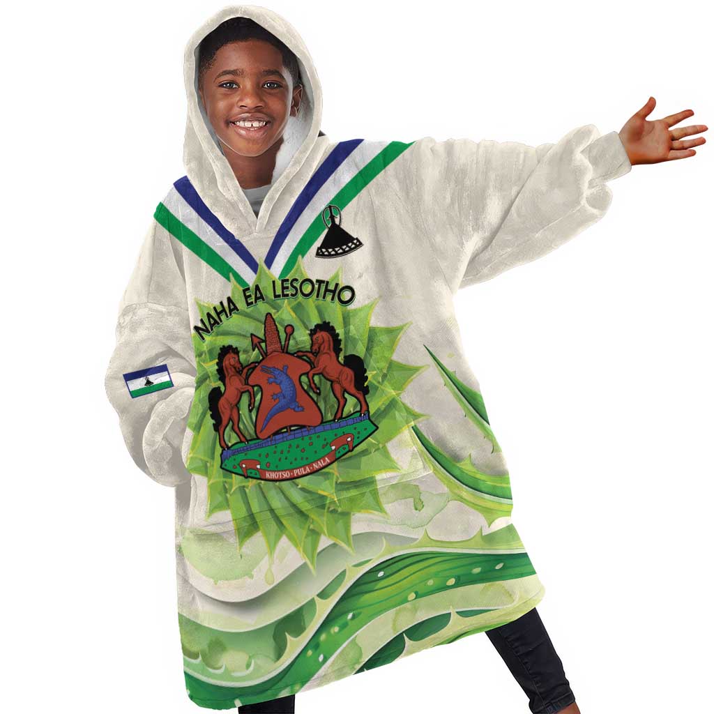 Personalised Lesotho Independence Day KId Wearable Blanket Hoodie Aloe Polyphylla Mix Coat Of Arms