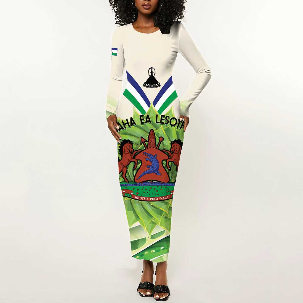 Personalised Lesotho Independence Day Long Sleeve Bodycon Dress Aloe Polyphylla Mix Coat Of Arms