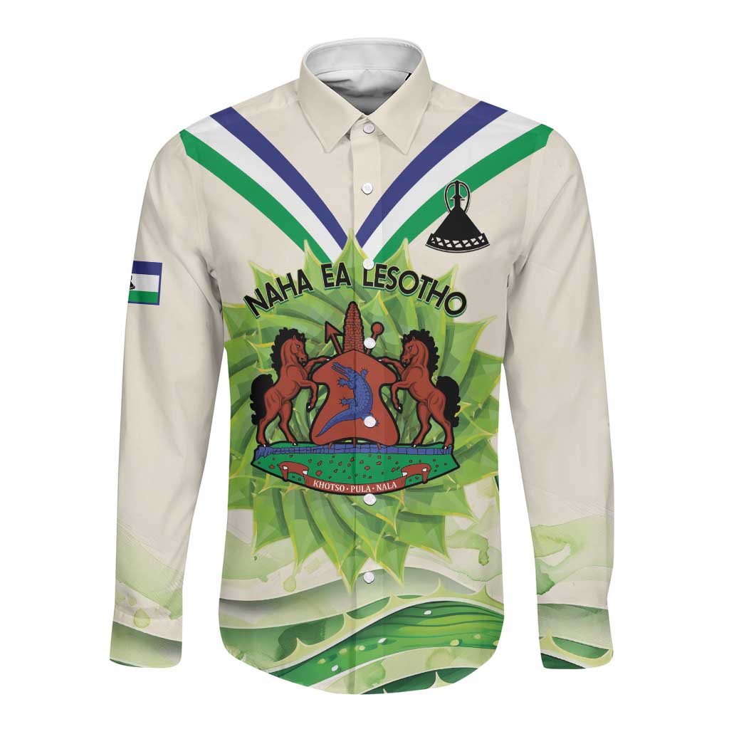 Personalised Lesotho Independence Day Long Sleeve Button Shirt Aloe Polyphylla Mix Coat Of Arms