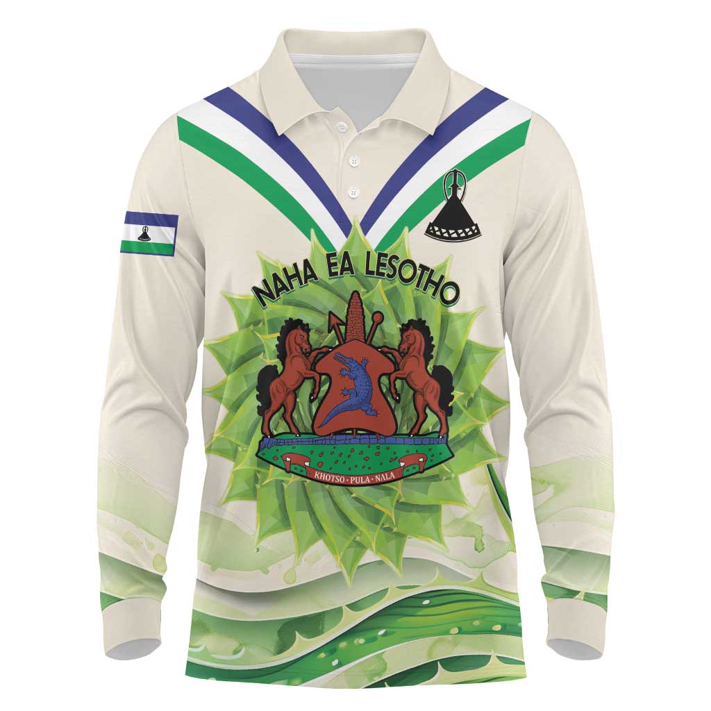 Personalised Lesotho Independence Day Long Sleeve Polo Shirt Aloe Polyphylla Mix Coat Of Arms