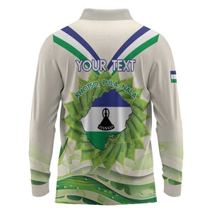 Personalised Lesotho Independence Day Long Sleeve Polo Shirt Aloe Polyphylla Mix Coat Of Arms