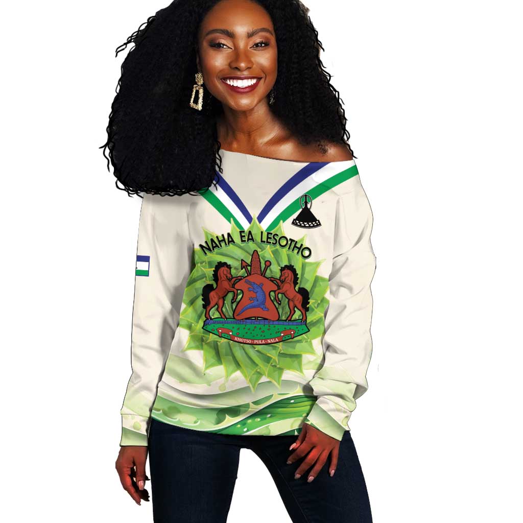 Personalised Lesotho Independence Day Off Shoulder Sweater Aloe Polyphylla Mix Coat Of Arms