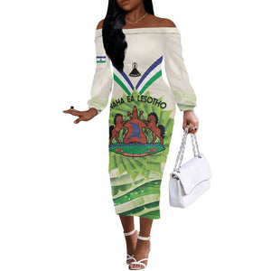 Personalised Lesotho Independence Day Off The Shoulder Long Sleeve Dress Aloe Polyphylla Mix Coat Of Arms