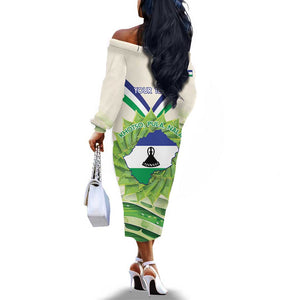 Personalised Lesotho Independence Day Off The Shoulder Long Sleeve Dress Aloe Polyphylla Mix Coat Of Arms