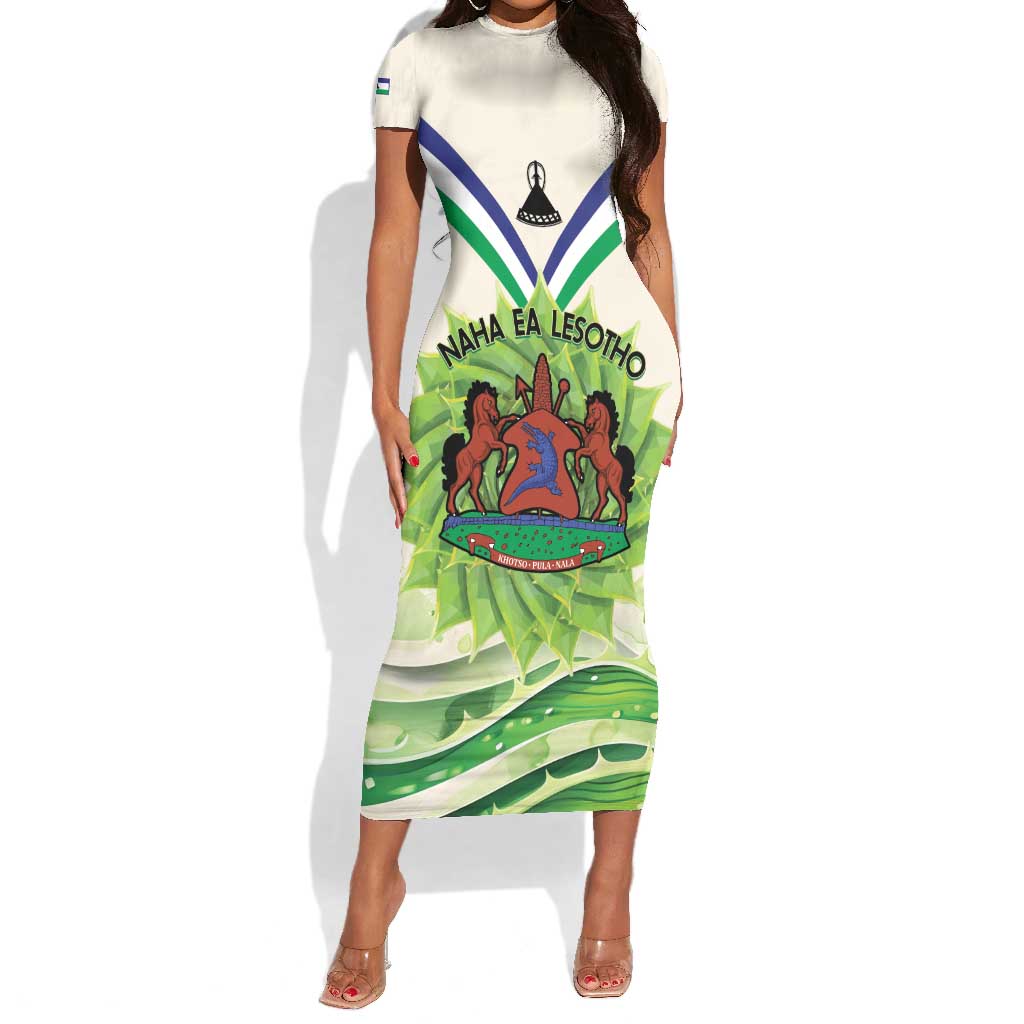 Personalised Lesotho Independence Day Short Sleeve Bodycon Dress Aloe Polyphylla Mix Coat Of Arms