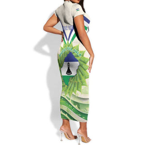 Personalised Lesotho Independence Day Short Sleeve Bodycon Dress Aloe Polyphylla Mix Coat Of Arms