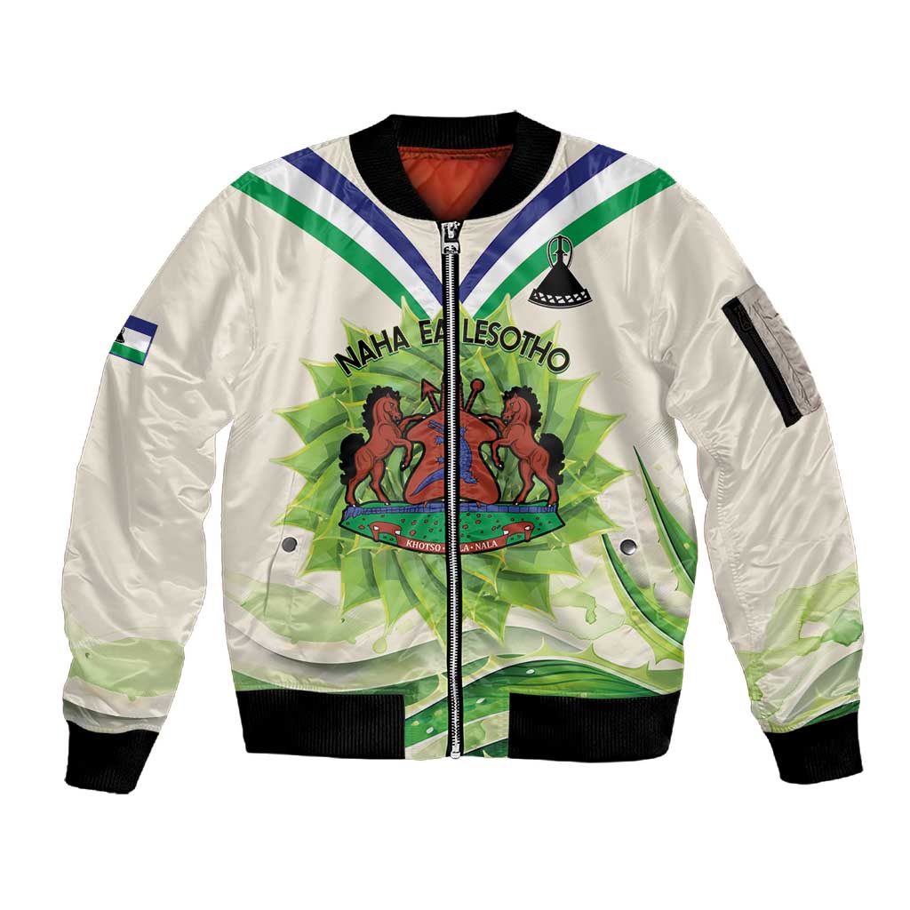 Personalised Lesotho Independence Day Sleeve Zip Bomber Jacket Aloe Polyphylla Mix Coat Of Arms