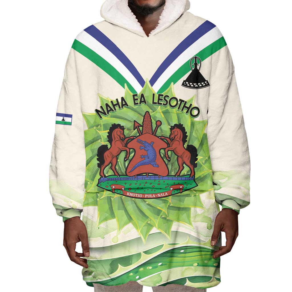 Personalised Lesotho Independence Day Wearable Blanket Hoodie Aloe Polyphylla Mix Coat Of Arms