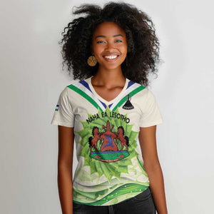 Personalised Lesotho Independence Day Women V-Neck T-Shirt Aloe Polyphylla Mix Coat Of Arms