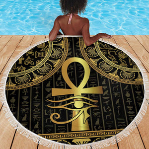 Afro Ancient Egypt Ankh and Eye Of Horus Beach Blanket Egyptian Hieroglyphs