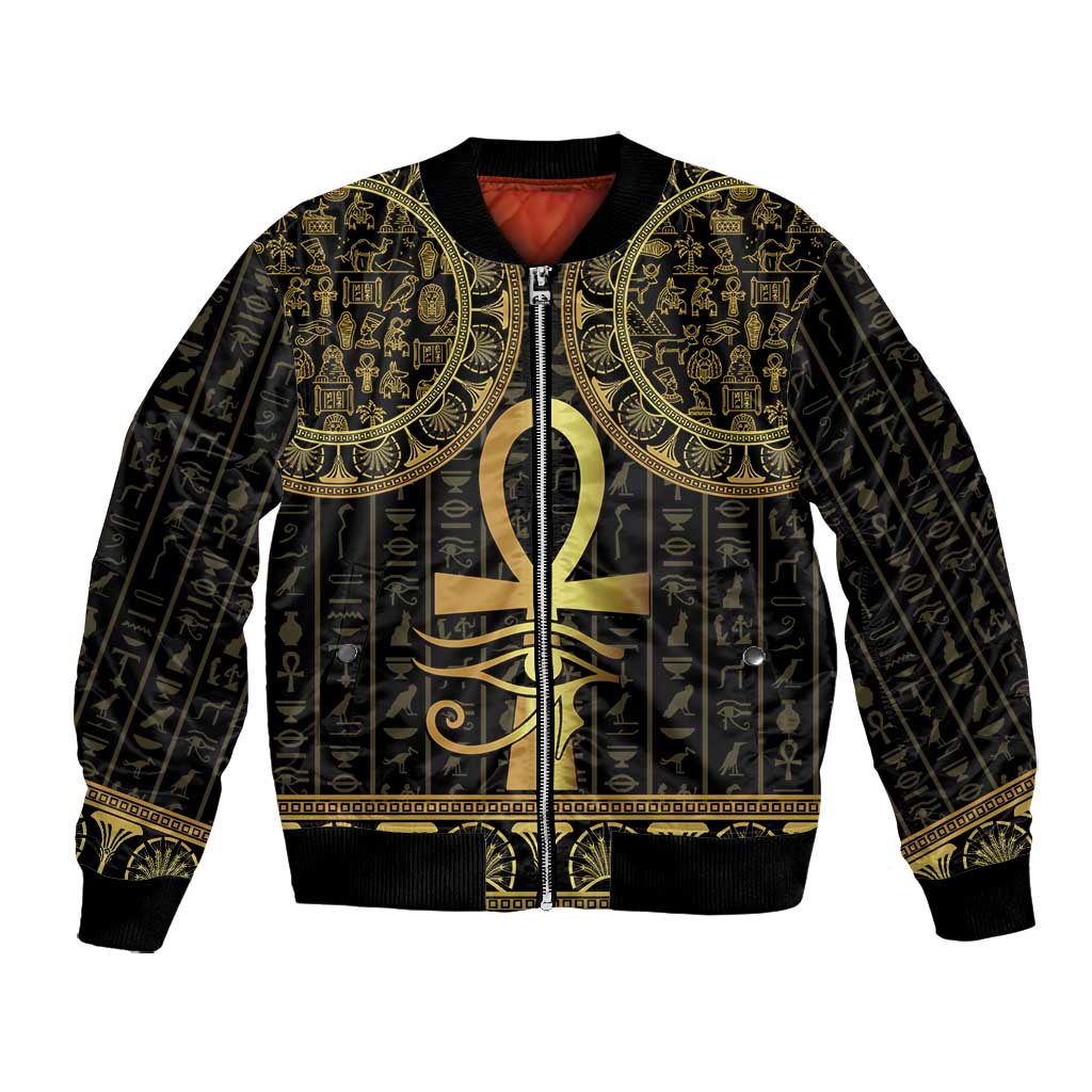 Afro Ancient Egypt Ankh and Eye Of Horus Bomber Jacket Egyptian Hieroglyphs