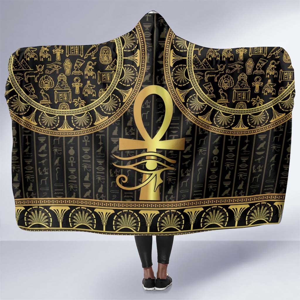 Afro Ancient Egypt Ankh and Eye Of Horus Hooded Blanket Egyptian Hieroglyphs