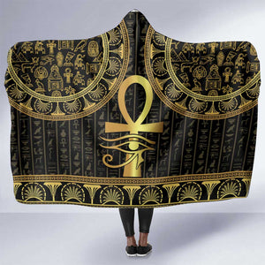 Afro Ancient Egypt Ankh and Eye Of Horus Hooded Blanket Egyptian Hieroglyphs