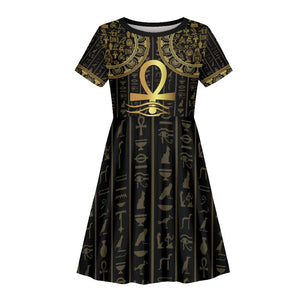 Afro Ancient Egypt Ankh and Eye Of Horus Kid Short Sleeve Dress Egyptian Hieroglyphs