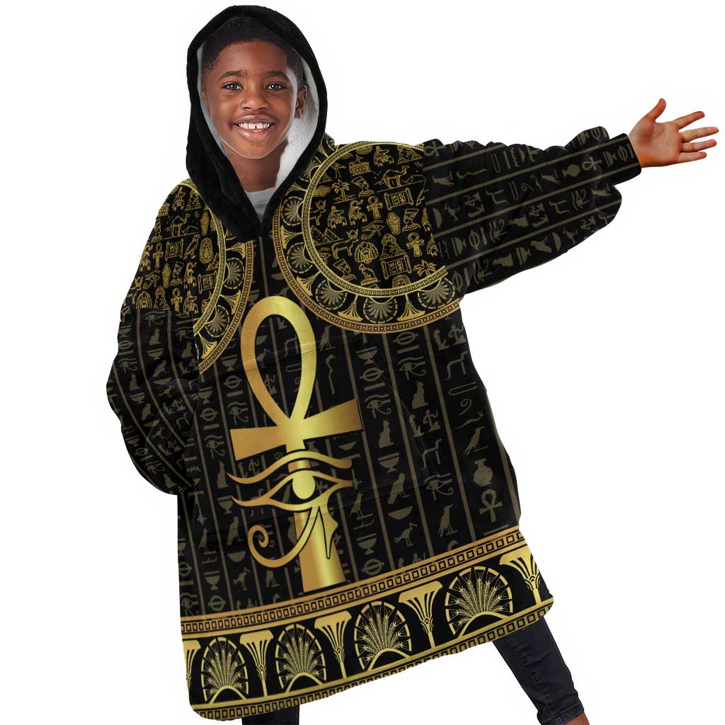 Afro Ancient Egypt Ankh and Eye Of Horus Kid Wearable Blanket Hoodie Egyptian Hieroglyphs