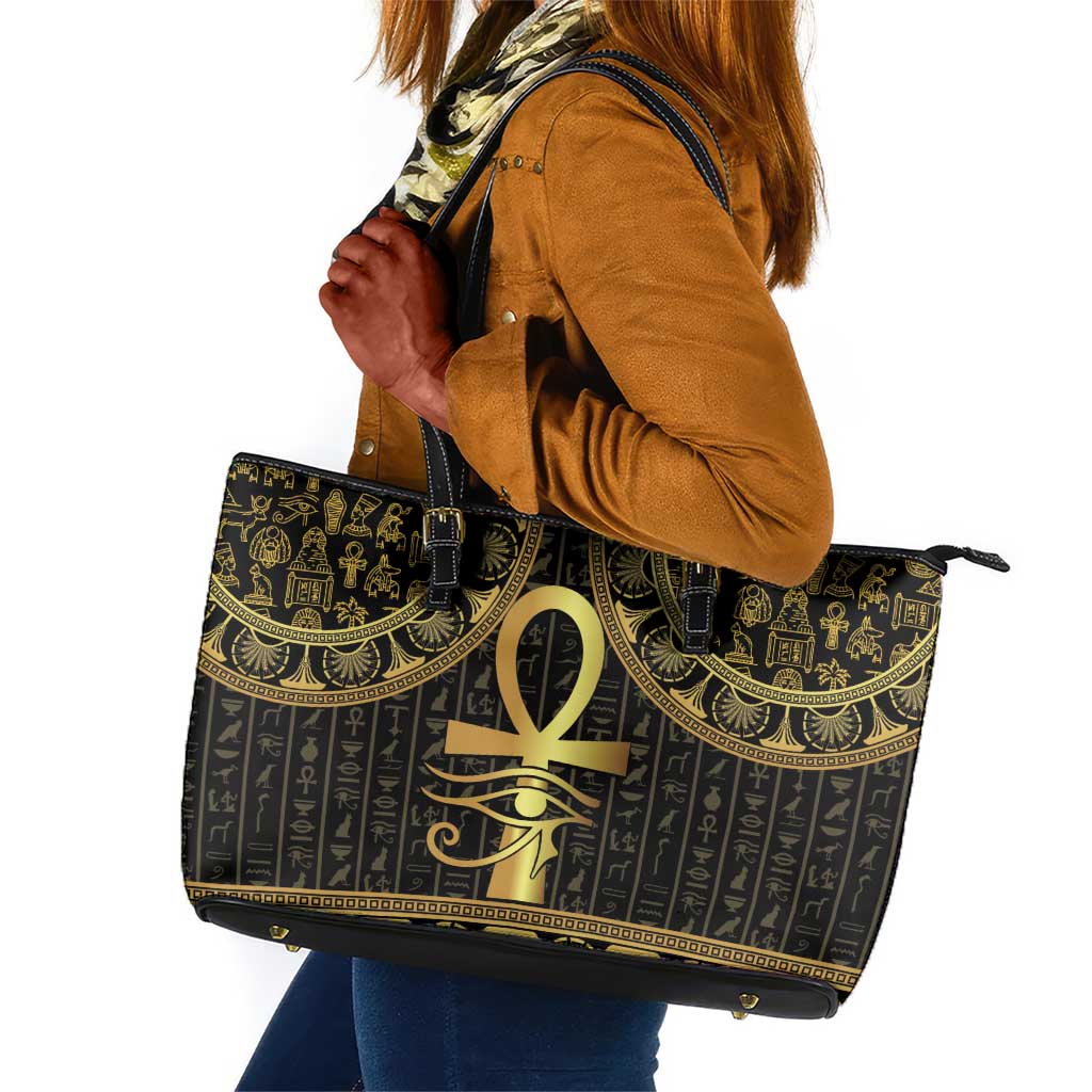 Afro Ancient Egypt Ankh and Eye Of Horus Leather Tote Bag Egyptian Hieroglyphs