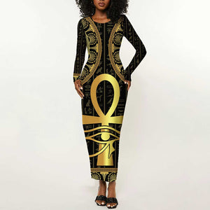 Afro Ancient Egypt Ankh and Eye Of Horus Long Sleeve Bodycon Dress Egyptian Hieroglyphs