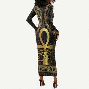 Afro Ancient Egypt Ankh and Eye Of Horus Long Sleeve Bodycon Dress Egyptian Hieroglyphs