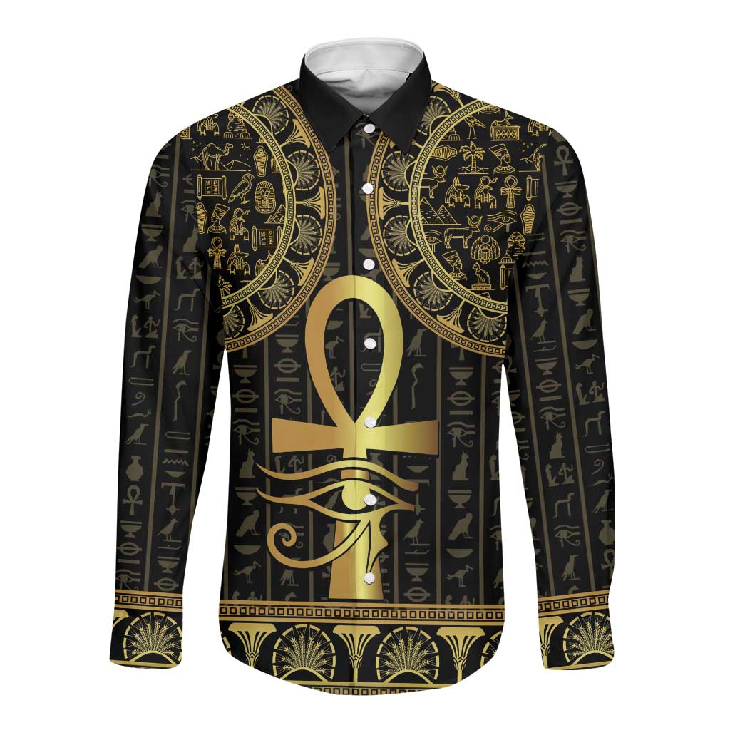 Afro Ancient Egypt Ankh and Eye Of Horus Long Sleeve Button Shirt Egyptian Hieroglyphs