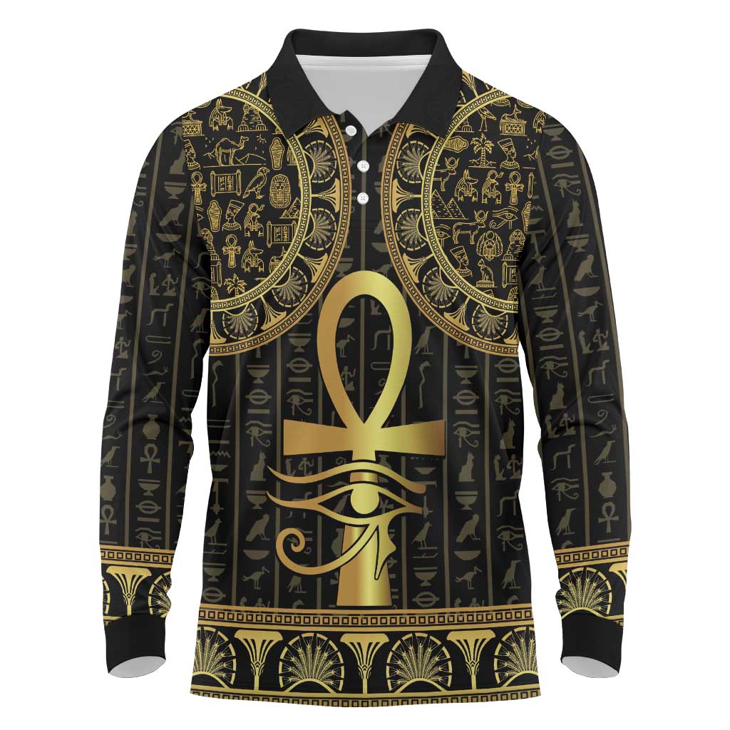 Afro Ancient Egypt Ankh and Eye Of Horus Long Sleeve Polo Shirt Egyptian Hieroglyphs