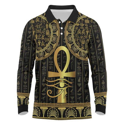 Afro Ancient Egypt Ankh and Eye Of Horus Long Sleeve Polo Shirt Egyptian Hieroglyphs