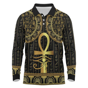 Afro Ancient Egypt Ankh and Eye Of Horus Long Sleeve Polo Shirt Egyptian Hieroglyphs