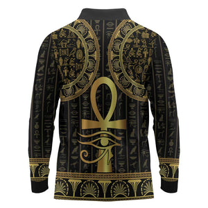 Afro Ancient Egypt Ankh and Eye Of Horus Long Sleeve Polo Shirt Egyptian Hieroglyphs