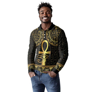 Afro Ancient Egypt Ankh and Eye Of Horus Long Sleeve Polo Shirt Egyptian Hieroglyphs