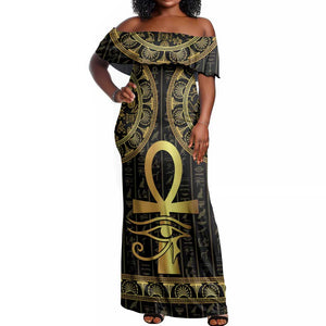 Afro Ancient Egypt Ankh and Eye Of Horus Off Shoulder Maxi Dress Egyptian Hieroglyphs