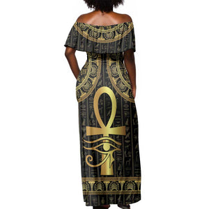 Afro Ancient Egypt Ankh and Eye Of Horus Off Shoulder Maxi Dress Egyptian Hieroglyphs