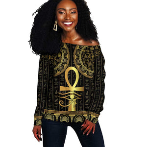 Afro Ancient Egypt Ankh and Eye Of Horus Off Shoulder Sweater Egyptian Hieroglyphs