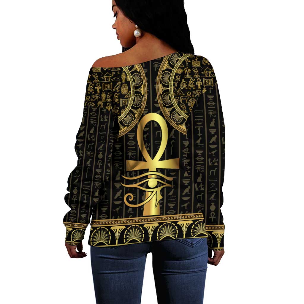 Afro Ancient Egypt Ankh and Eye Of Horus Off Shoulder Sweater Egyptian Hieroglyphs