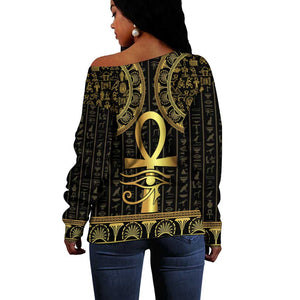 Afro Ancient Egypt Ankh and Eye Of Horus Off Shoulder Sweater Egyptian Hieroglyphs