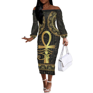 Afro Ancient Egypt Ankh and Eye Of Horus Off The Shoulder Long Sleeve Dress Egyptian Hieroglyphs