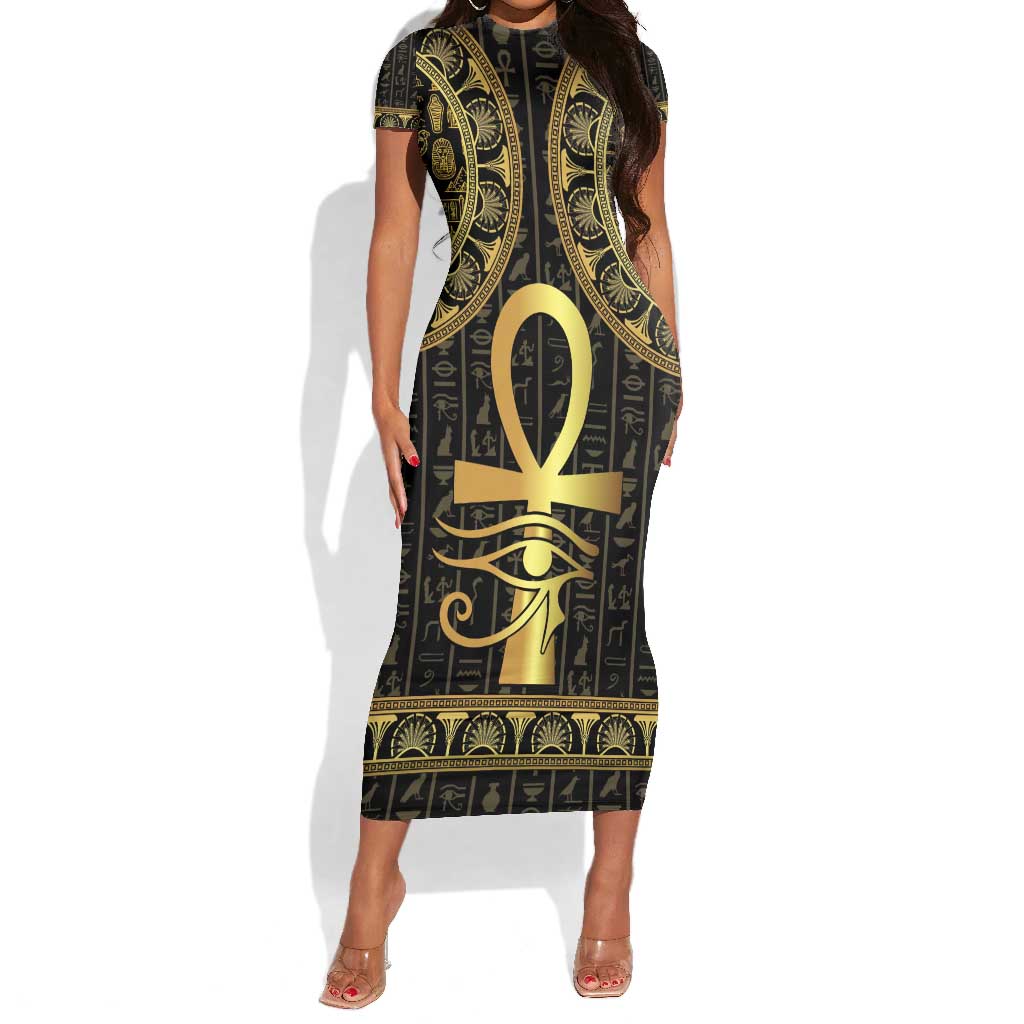 Afro Ancient Egypt Ankh and Eye Of Horus Short Sleeve Bodycon Dress Egyptian Hieroglyphs