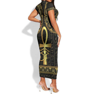 Afro Ancient Egypt Ankh and Eye Of Horus Short Sleeve Bodycon Dress Egyptian Hieroglyphs