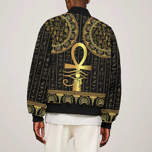 Afro Ancient Egypt Ankh and Eye Of Horus Sleeve Zip Bomber Jacket Egyptian Hieroglyphs