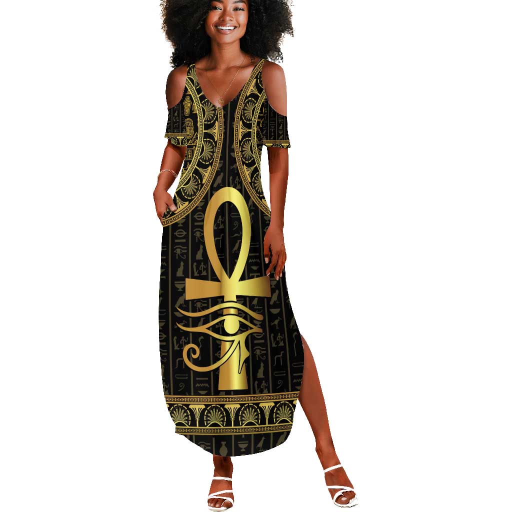 Afro Ancient Egypt Ankh and Eye Of Horus Summer Maxi Dress Egyptian Hieroglyphs