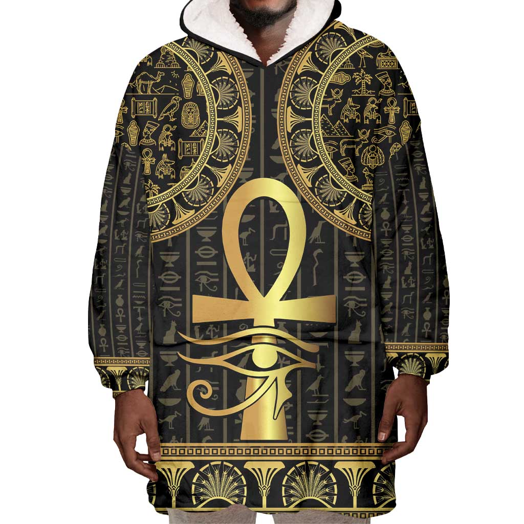 Afro Ancient Egypt Ankh and Eye Of Horus Wearable Blanket Hoodie Egyptian Hieroglyphs