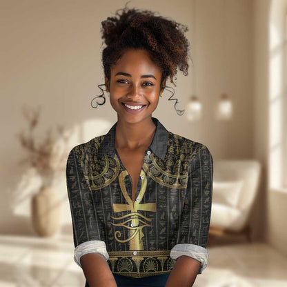 Afro Ancient Egypt Ankh and Eye Of Horus Women Casual Shirt Egyptian Hieroglyphs LT14