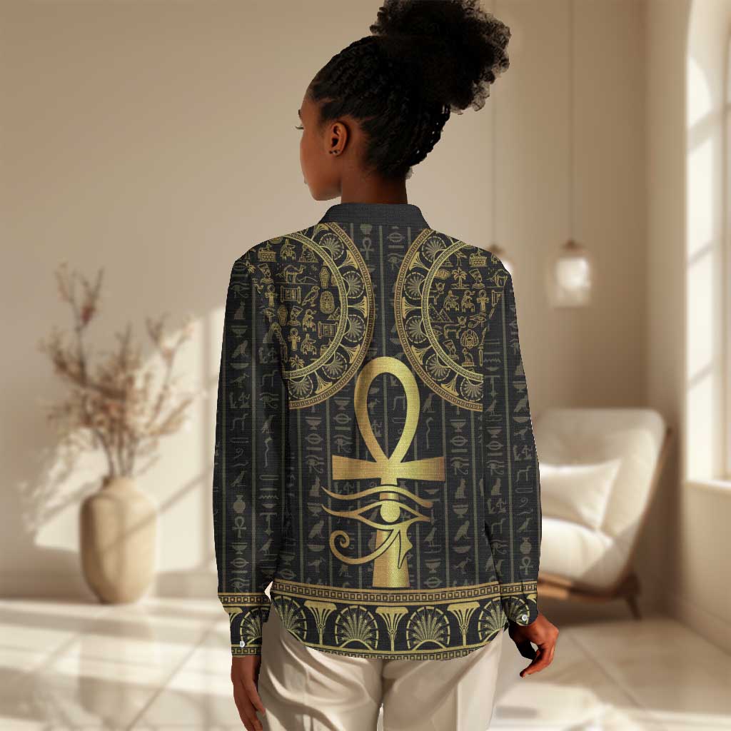 Afro Ancient Egypt Ankh and Eye Of Horus Women Casual Shirt Egyptian Hieroglyphs LT14