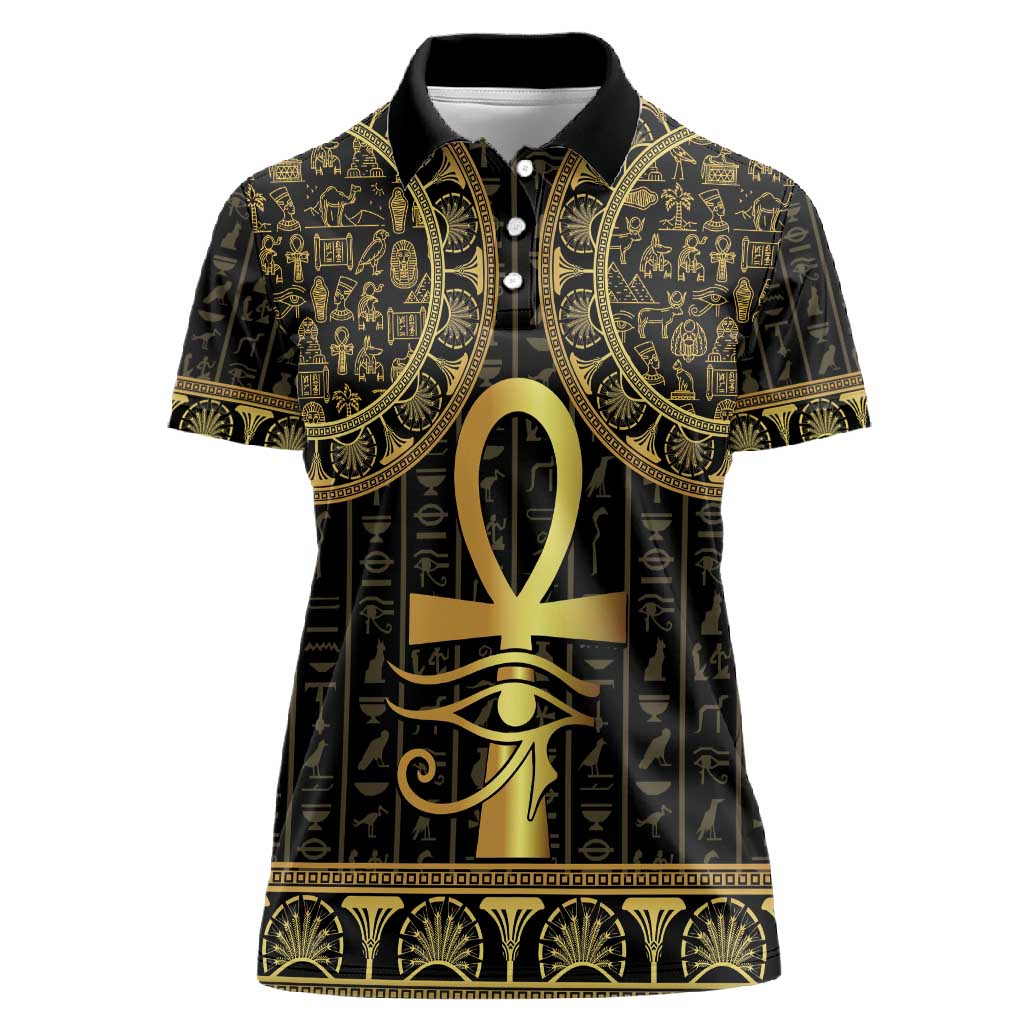 Afro Ancient Egypt Ankh and Eye Of Horus Women Polo Shirt Egyptian Hieroglyphs