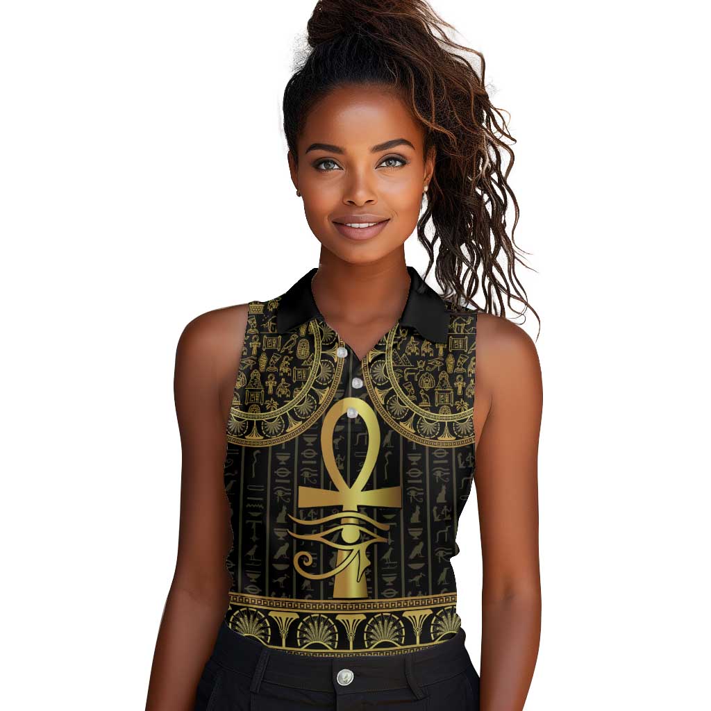 Afro Ancient Egypt Ankh and Eye Of Horus Women Sleeveless Polo Shirt Egyptian Hieroglyphs