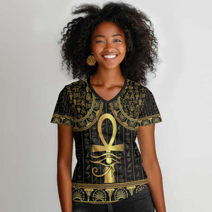 Afro Ancient Egypt Ankh and Eye Of Horus Women V-Neck T-Shirt Egyptian Hieroglyphs