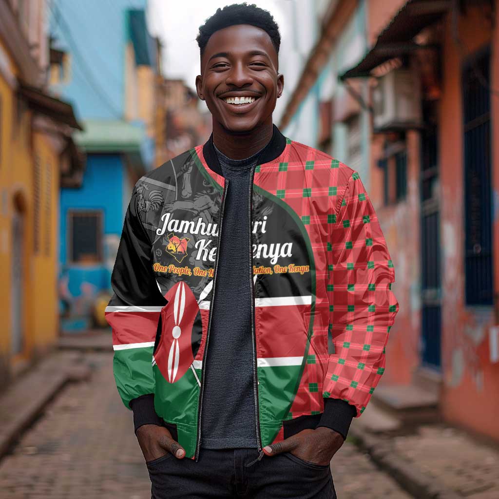 Afro Jamhuri ya Kenya Bomber Jacket One People One Nation Massai Shuka Pattern - African Pride