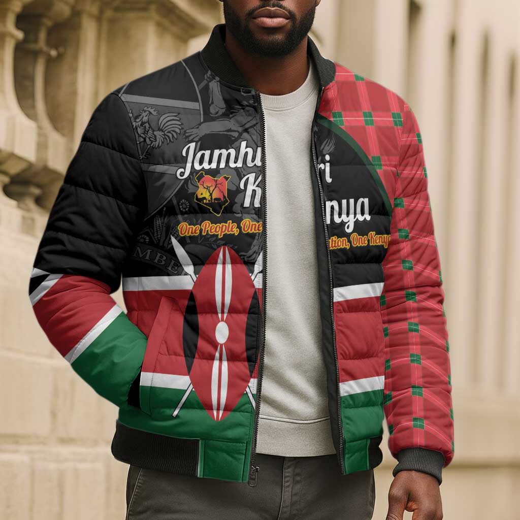Kenya Jamhuri Day Bomber Puffer Jacket One People One Nation Massai Shuka Pattern