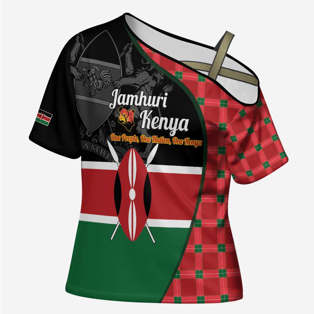 Kenya Jamhuri Day Cross Shoulder Shirt One People One Nation Massai Shuka Pattern